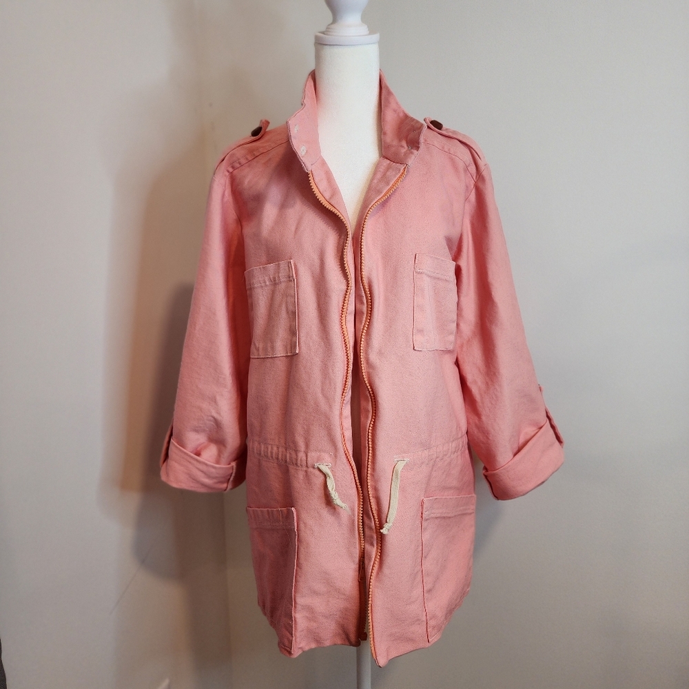 Barn Coat Salmon Women's Large Zip Front Mock Neck Roll Sleeve Button Closure